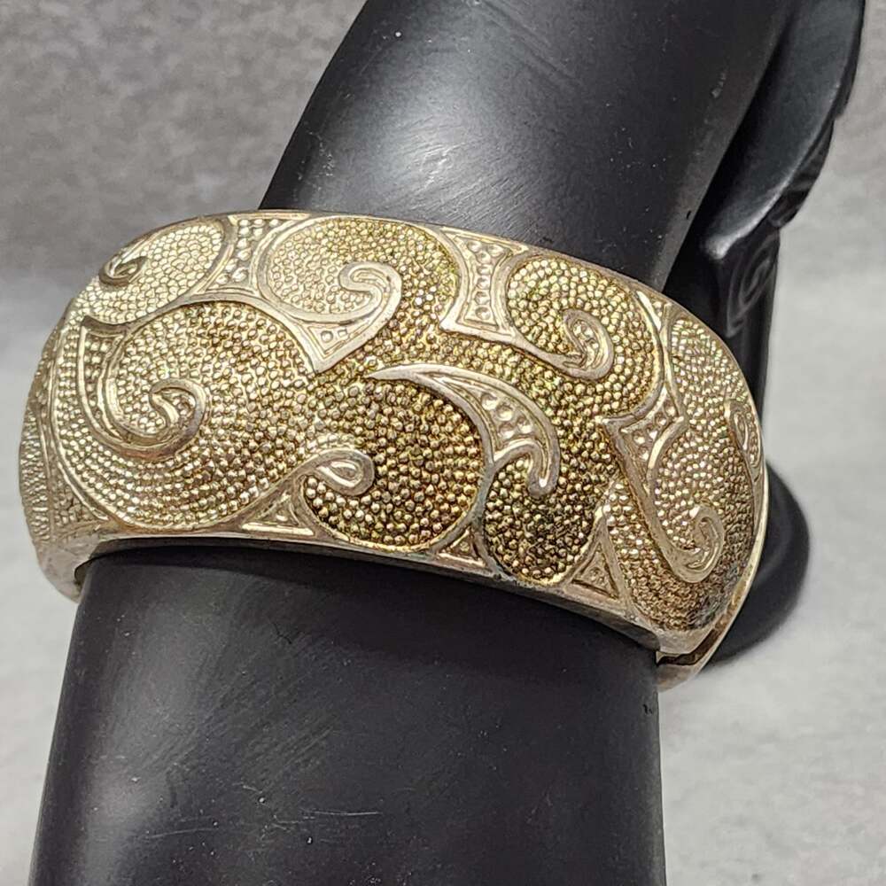 Wide Hinged Bangle Clamper Bracelet Raised Texture Swirl Paisley Filigree Motifs